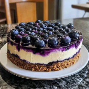A slice of Fresh Blueberry Cheesecake topped with fresh blueberries and whipped cream