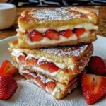 Golden-brown fried cheesecake sandwich cut in half with cream cheese and strawberries spilling out