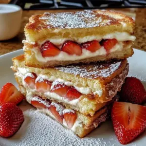 Golden-brown fried cheesecake sandwich cut in half with cream cheese and strawberries spilling out