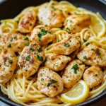 A plate of Garlic Butter Chicken with Lemon Parmesan Pasta garnished with fresh parsley.