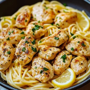 A plate of Garlic Butter Chicken with Lemon Parmesan Pasta garnished with fresh parsley.