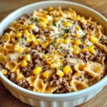 A serving of Garlic Butter Ranch Beef and Roasted Corn Bowtie Casserole on a plate with melted cheese on top.