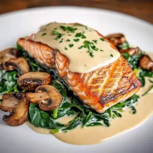 Skillet of Garlic Butter Salmon with Spinach and Mushrooms in Creamy Sauce