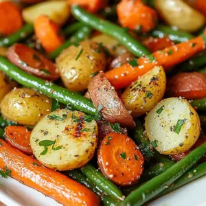 A tray of Garlic Herb Roasted Veggies, featuring crispy potatoes, carrots, and green beans