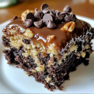 A slice of German Chocolate Poke Cake with caramel drizzle and chopped pecans on top.