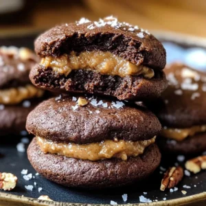 A close-up of German Chocolate Whoopie Pies with coconut-pecan filling.