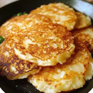 Crispy golden German potato pancakes on a plate with sour cream