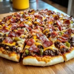 A slice of Giant Burger-Pizza with crispy bacon and melted cheese on a plate.