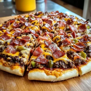 A slice of Giant Burger-Pizza with crispy bacon and melted cheese on a plate.