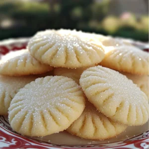 A plate of Grandma’s Irish Sugar Cookies, dusted with sugar, with a cup of tea in the background