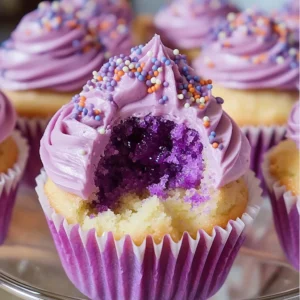 A batch of Grape Crush Cupcakes with a vibrant purple hue, topped with frosting and grape sprinkles.