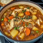 A bowl of Hearty Chicken and Vegetable Stew garnished with fresh thyme