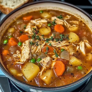 A bowl of Hearty Chicken and Vegetable Stew garnished with fresh thyme