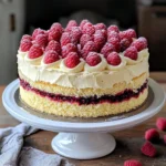A beautifully frosted white chocolate raspberry cake topped with fresh raspberries and white chocolate shavings.