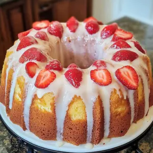 Sliced strawberry cream cheese pound cake with glaze and fresh strawberries on top