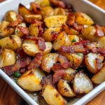 A tray of golden Honey Bacon Roasted Potatoes garnished with fresh parsley