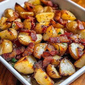 A tray of golden Honey Bacon Roasted Potatoes garnished with fresh parsley
