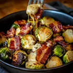A plate of golden-brown roasted Brussels sprouts with crispy bacon, drizzled with a honey glaze and garnished with fresh herbs.