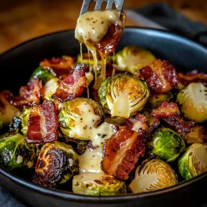 A plate of golden-brown roasted Brussels sprouts with crispy bacon, drizzled with a honey glaze and garnished with fresh herbs.