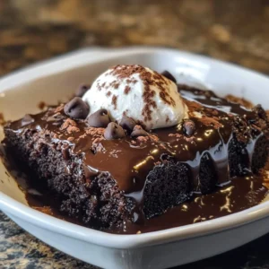 A warm slice of Hot Fudge Pudding Cake topped with vanilla ice cream and chocolate sauce