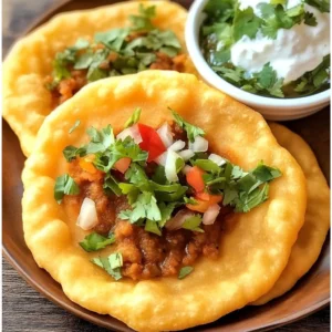 A plate of Indian Fry Bread Tacos loaded with toppings like seasoned meat, cheese, and lettuce