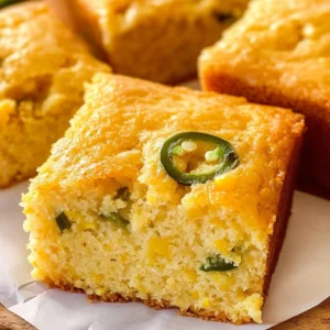 A golden-brown slice of Jalapeño Cornbread with fresh jalapeño slices on top, served with honey butter.