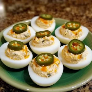 A plate of Jalapeño Popper Deviled Eggs garnished with jalapeño slices