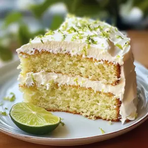 A slice of Key Lime Cake with Cream Cheese Frosting garnished with fresh lime zest