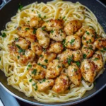 A plate of Lemon Garlic Butter Chicken Bites with Parmesan Linguine, garnished with parsley and lemon wedges.