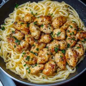 A plate of Lemon Garlic Butter Chicken Bites with Parmesan Linguine, garnished with parsley and lemon wedges.