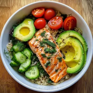 salmon quinoa bowl, healthy salmon recipe, avocado quinoa dinner