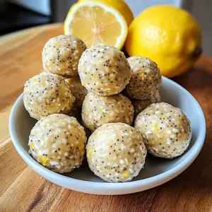 Lemon Poppy Seed Protein Balls stacked on a plate with lemon wedges and poppy seeds