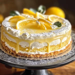A creamy Limoncello Mascarpone Cake garnished with lemon slices on a plate.