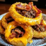 Crispy Loaded Bacon Cheeseburger Onion Rings served with ranch dressing