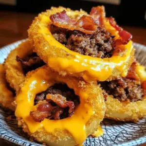 Crispy Loaded Bacon Cheeseburger Onion Rings served with ranch dressing