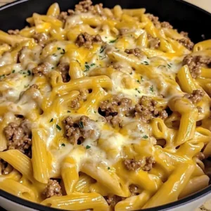 A plate of creamy Loaded Cheeseburger Alfredo Pasta garnished with fresh parsley