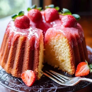 A beautifully sliced strawberry buttermilk pound cake, garnished with fresh strawberries and powdered sugar.