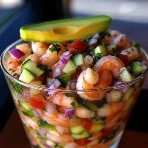 A vibrant glass of Mexican Shrimp Cocktail garnished with avocado and lime