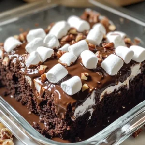 A slice of gooey Mississippi Mud Cake topped with melted marshmallows and chocolate icing