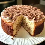 Slice of Mom’s Sour Cream Coffee Cake with cinnamon swirl and crumb topping on a plate