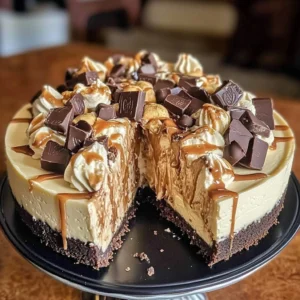 rich Reese’s Peanut Butter Cup Cheesecake topped with peanut butter cups, ganache, and caramel drizzle.