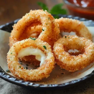 A plate of golden Mozzarella Stick Onion Rings with marinara dipping sauce.