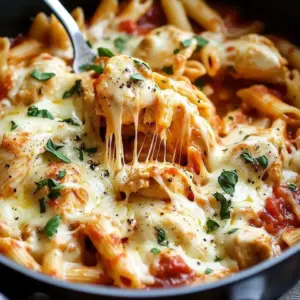 Creamy One-Pot Chicken Parmesan Pasta in a Dutch oven topped with basil and melted cheese