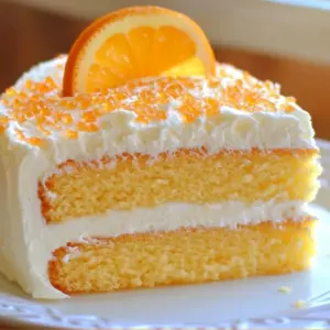 Slice of moist Orange Creamsicle Cake topped with whipped cream and orange zest
