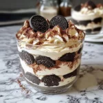 A beautifully layered Oreo Tiramisu Trifle in a glass, topped with cocoa powder and chocolate shavings.