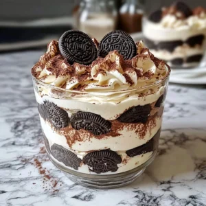 A beautifully layered Oreo Tiramisu Trifle in a glass, topped with cocoa powder and chocolate shavings.