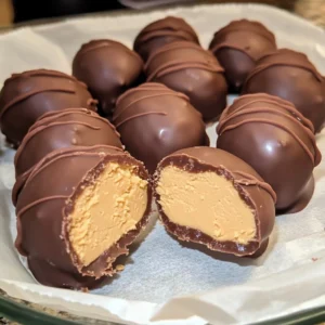 A batch of homemade Peanut Butter Eggs dipped in chocolate and served on a plate