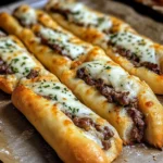A plate of Philly Cheesesteak Stuffed Cheesy Breadsticks with marinara sauce