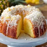 Slice of piña colada pound cake topped with glaze and toasted coconut