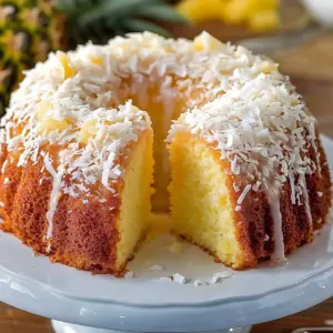 Slice of piña colada pound cake topped with glaze and toasted coconut